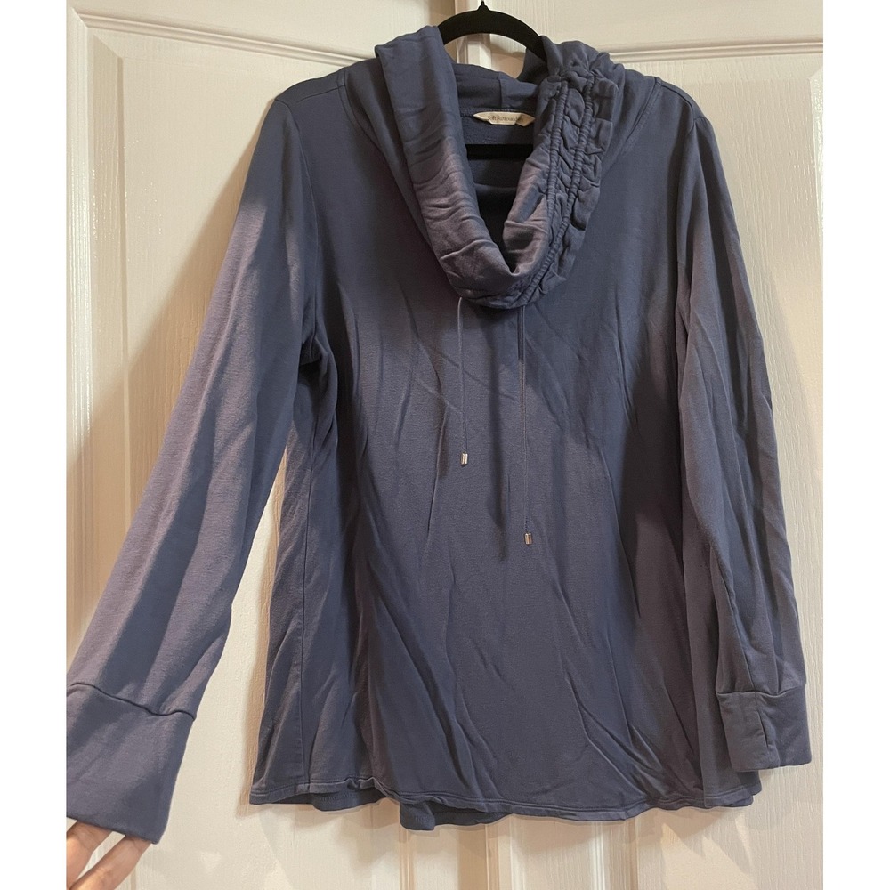 Soft Surroundings Shirt Womens L Blue Cowl Neck Hooded Long Sleeve Tunic Top